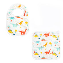 Load image into Gallery viewer, Bamboo Muslin Snap Bib + Washcloth Set _ Dinosaur