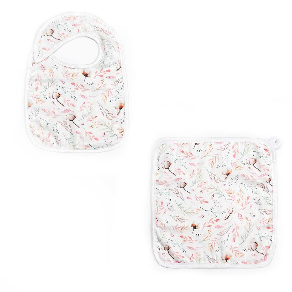 Silky Muslin Snap Bib + Washcloth Set Cotton Flower