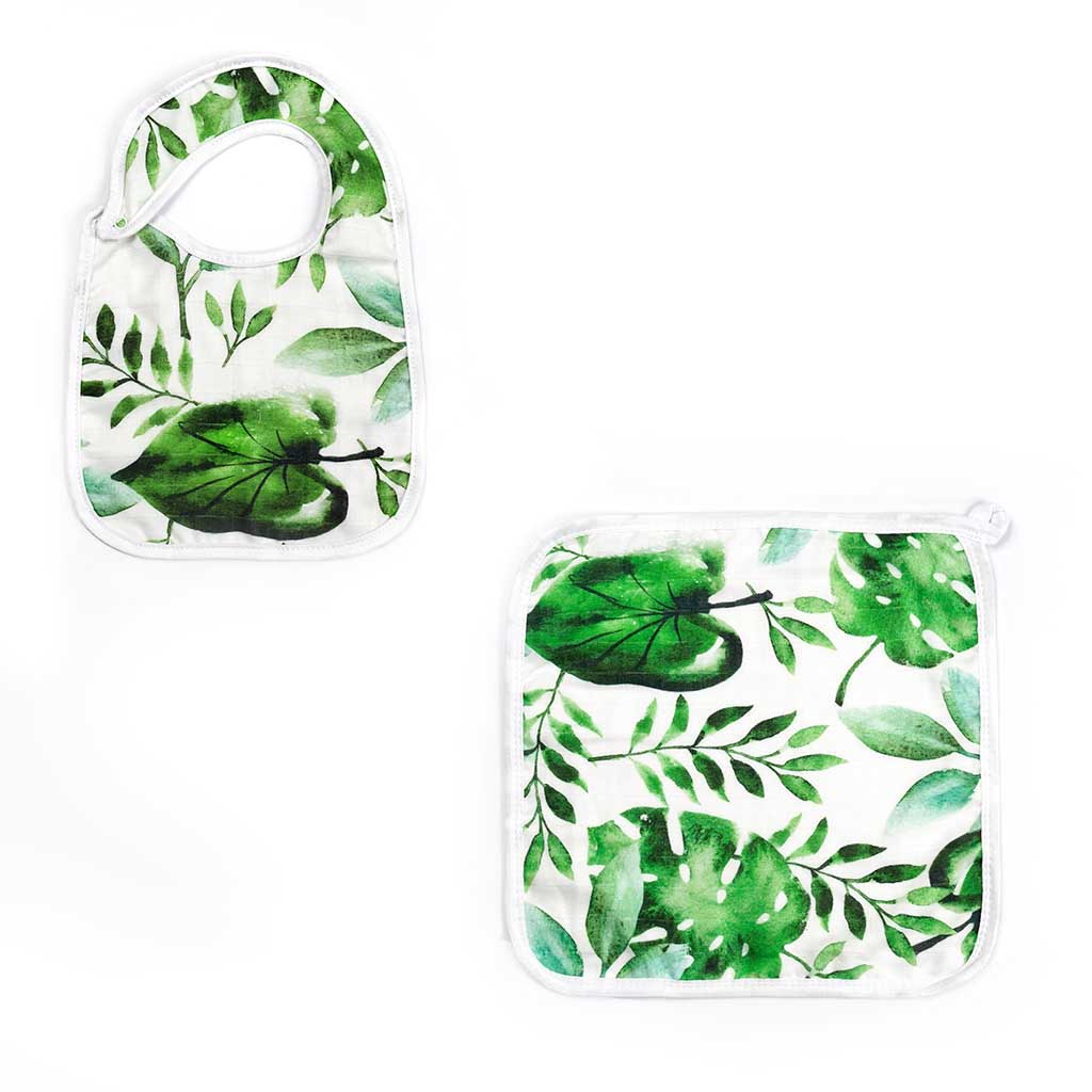 Silky Muslin Snap Bib + Washcloth Set Rainforest