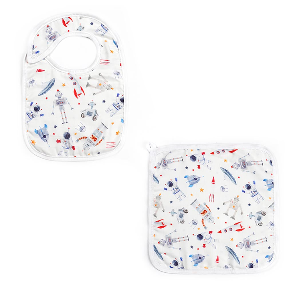 Silky Muslin Snap Bib + Washcloth Set Spaceman